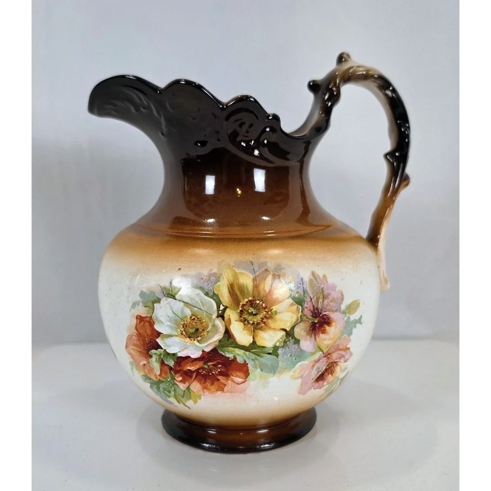 Antique K.T. & K. Co. Semi-Vitreous Porcelain Pitcher Brown & Cream Ombre Floral